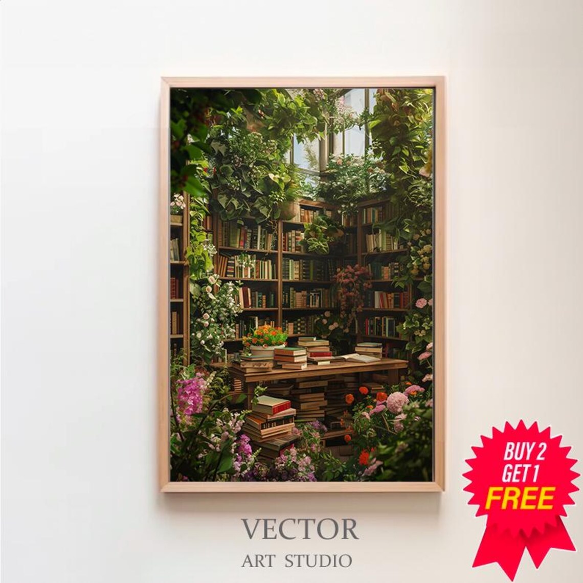 Overgrown Greenhouse Library Painting with Flowers and Books Poster