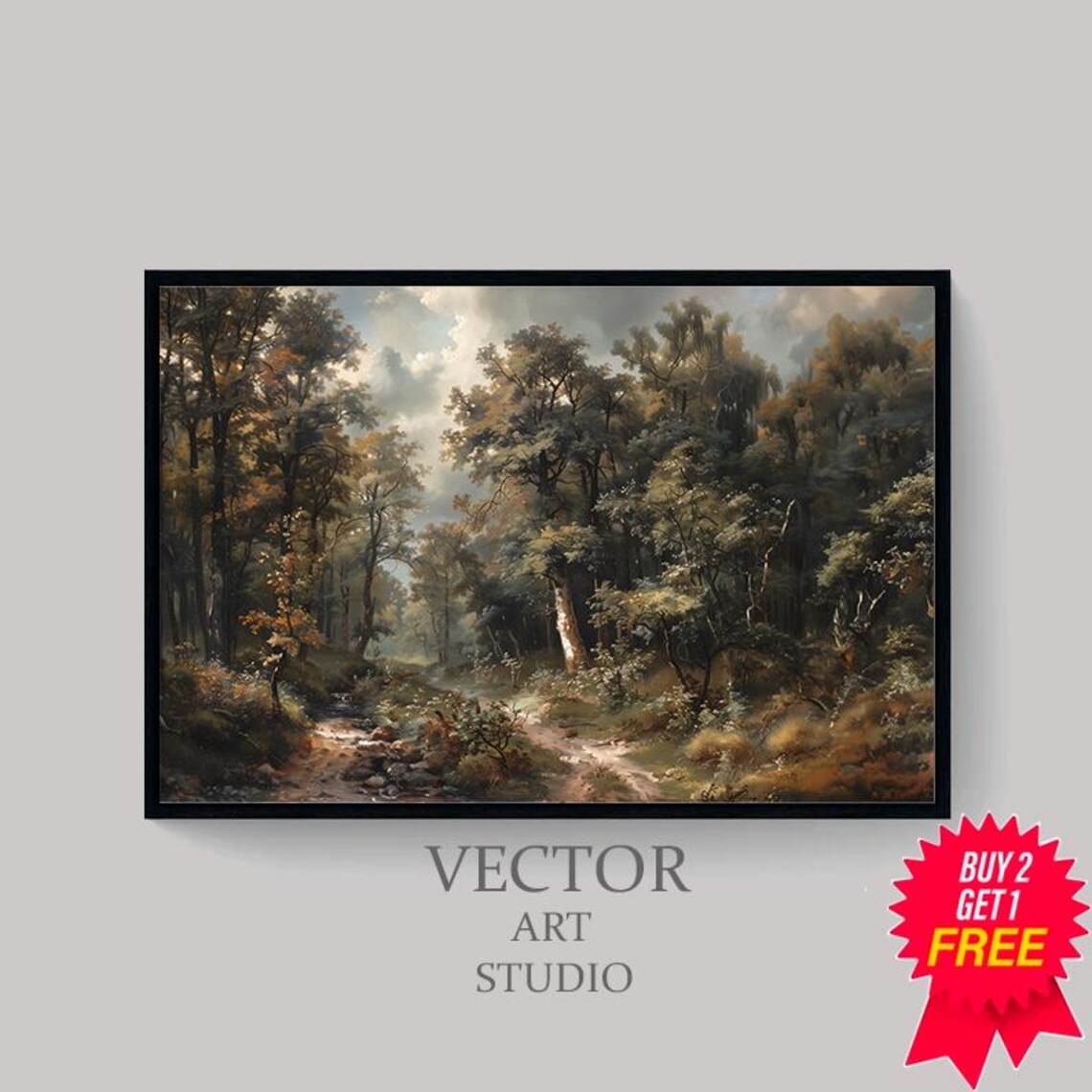 Vintage Forest Path with Dappled Light Dark Oil Painting Poster - Image 4