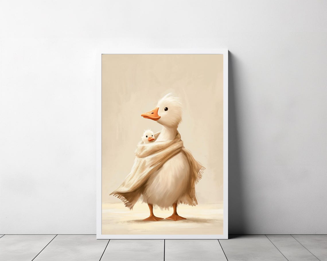 Mother Duck Wrapped in Cream Blanket with Baby Sweet Nursery Poster - Image 3