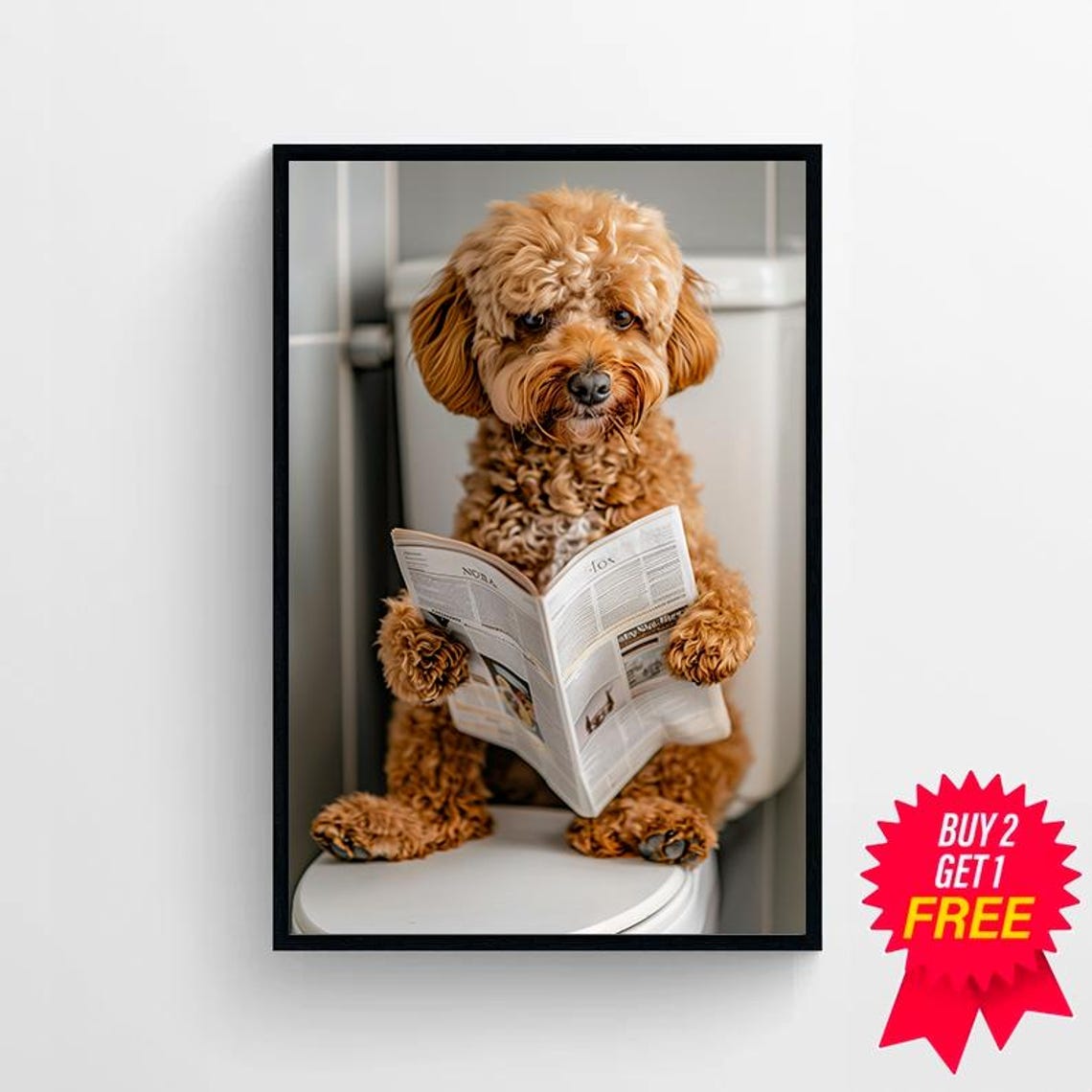 Cockapoo Puppy Reading Newspaper on Toilet Funny Animal Poster - Image 4
