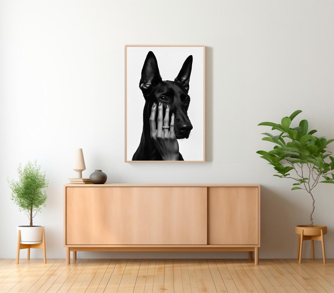 Black Doberman Pinscher Portrait Fashion Style Black and White Poster - Image 2