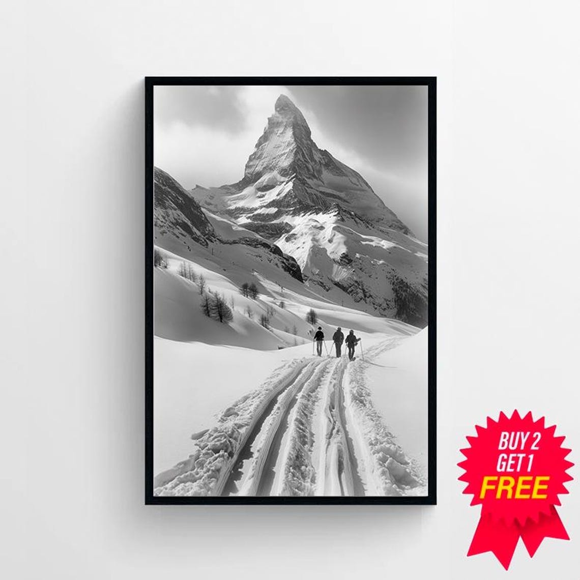Black and White Skiers Crossing Snowy Mountain Valley Art Poster - Image 4