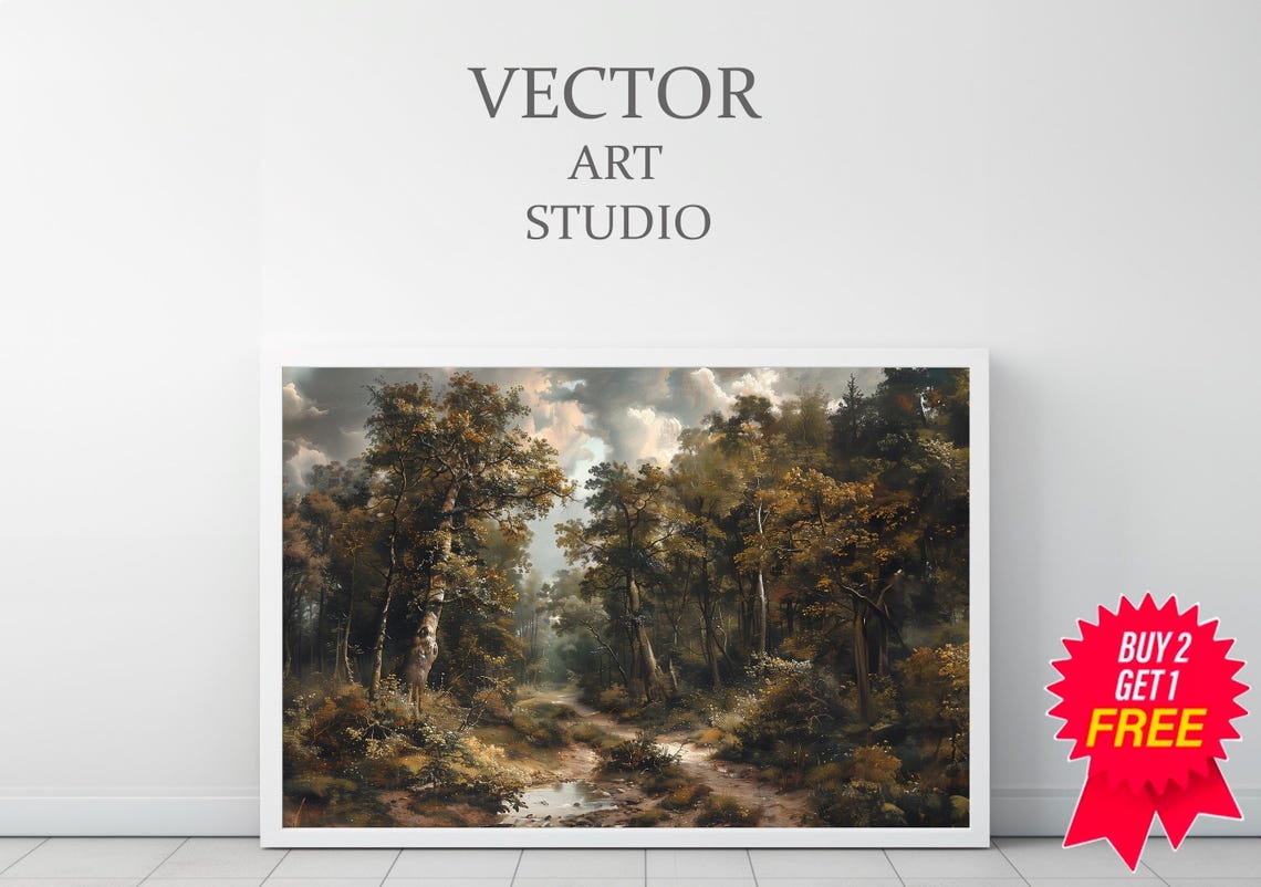 Classic Vintage Forest Path with a Sunlit Stream Oil Painting Poster - Image 3