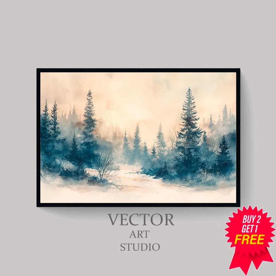 Snowy Pine Forest with a Winding Path in Soft Winter Light Art Poster - Image 4