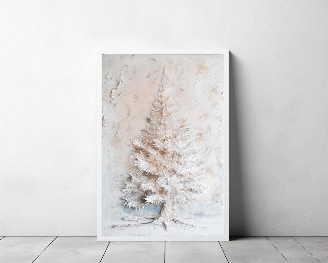White Christmas Tree On Textured Neutral Background Painting Poster - Image 3