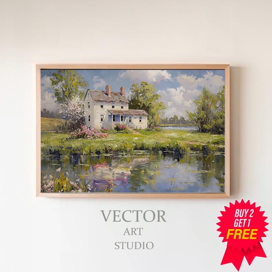 White Cottage By The Pond Spring Garden Flowers Oil Painting Poster