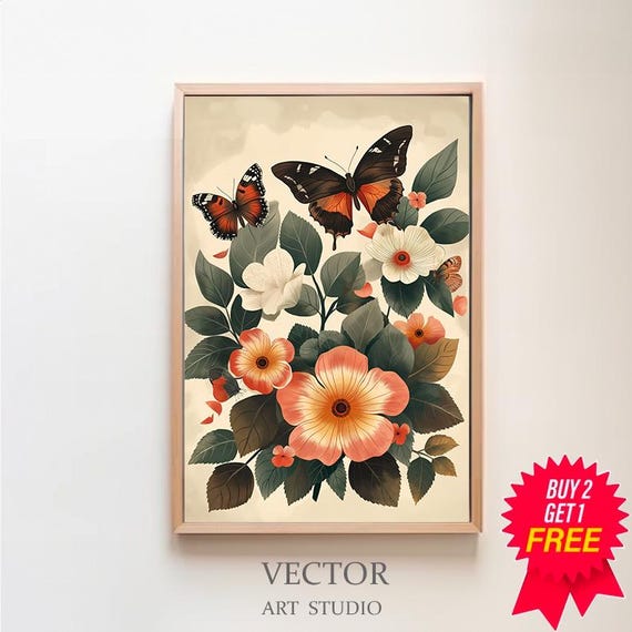 Vintage Butterfly Print, Botanical Farmhouse Decor