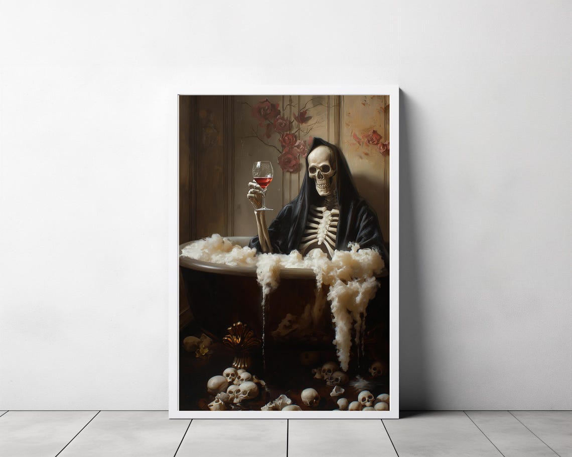 Grim Reaper In Bubble Bath Wine Surrounded By Skulls Gothic Poster - Image 3
