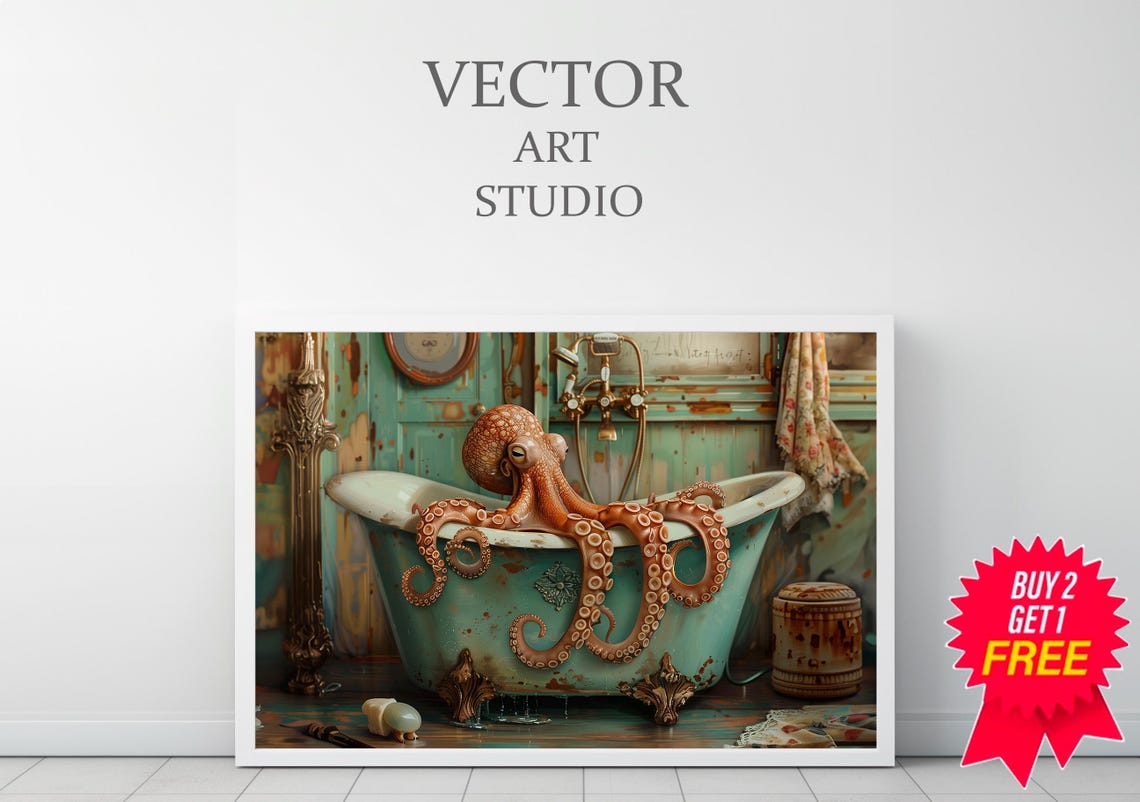 Funny Bathroom Wall Art Octopus In The Bathtub Oil Painting Octopus Wall Art Animal In Bathtub Dark Humor Whimsy Animal Art - Image 3