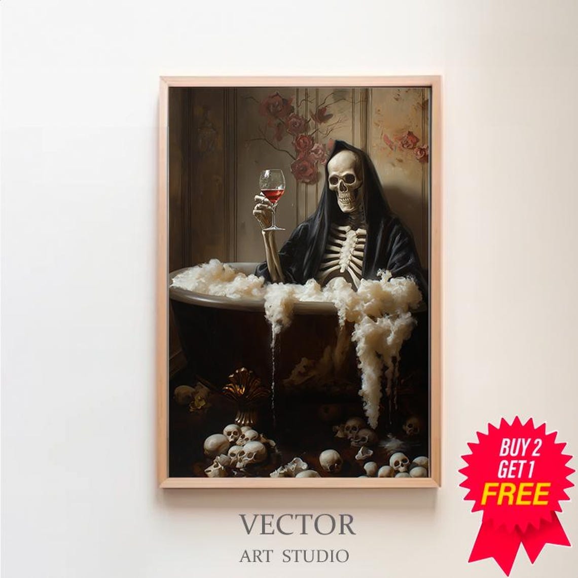 Grim Reaper In Bubble Bath Wine Surrounded By Skulls Gothic Poster