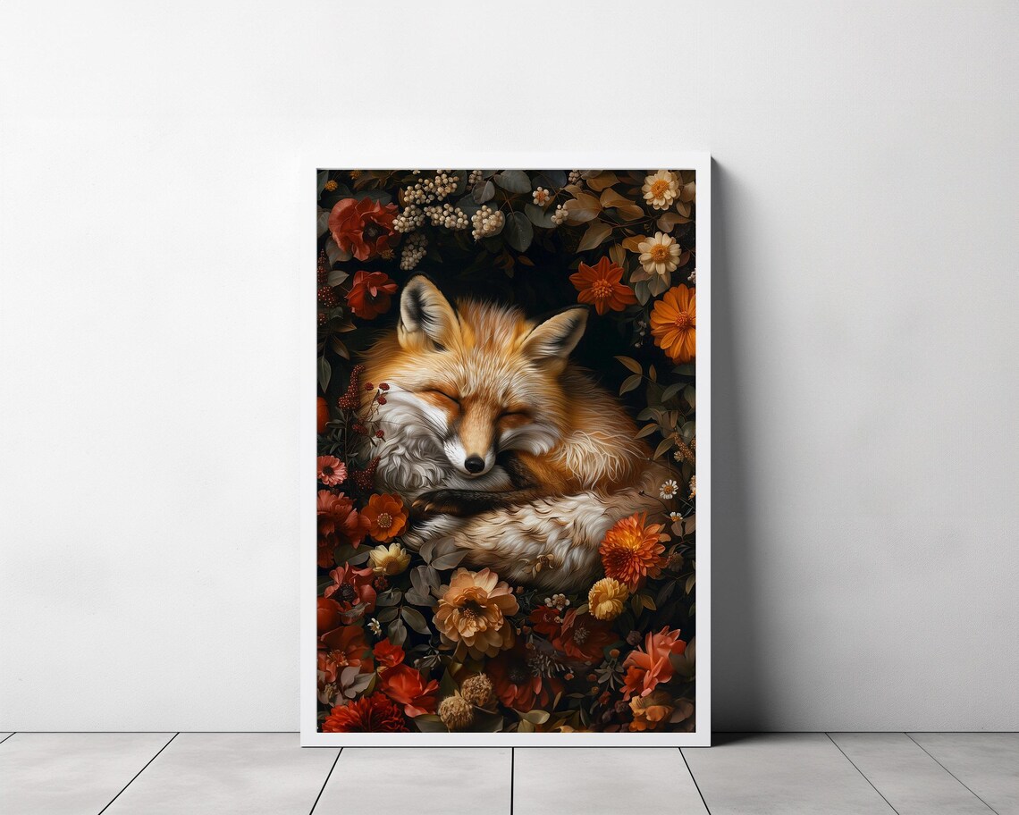Sleeping Red Fox Curled Up Peacefully Among Autumn Flowers Poster - Image 3