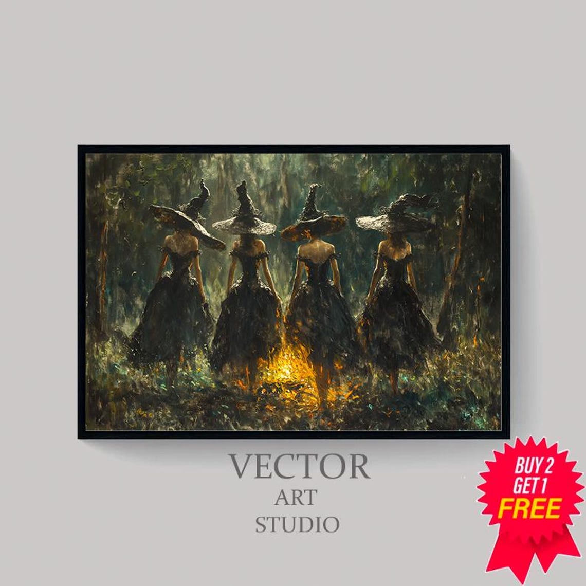 Witches Walking Away into Dark Forest Glowing Witchy Halloween Poster - Image 4