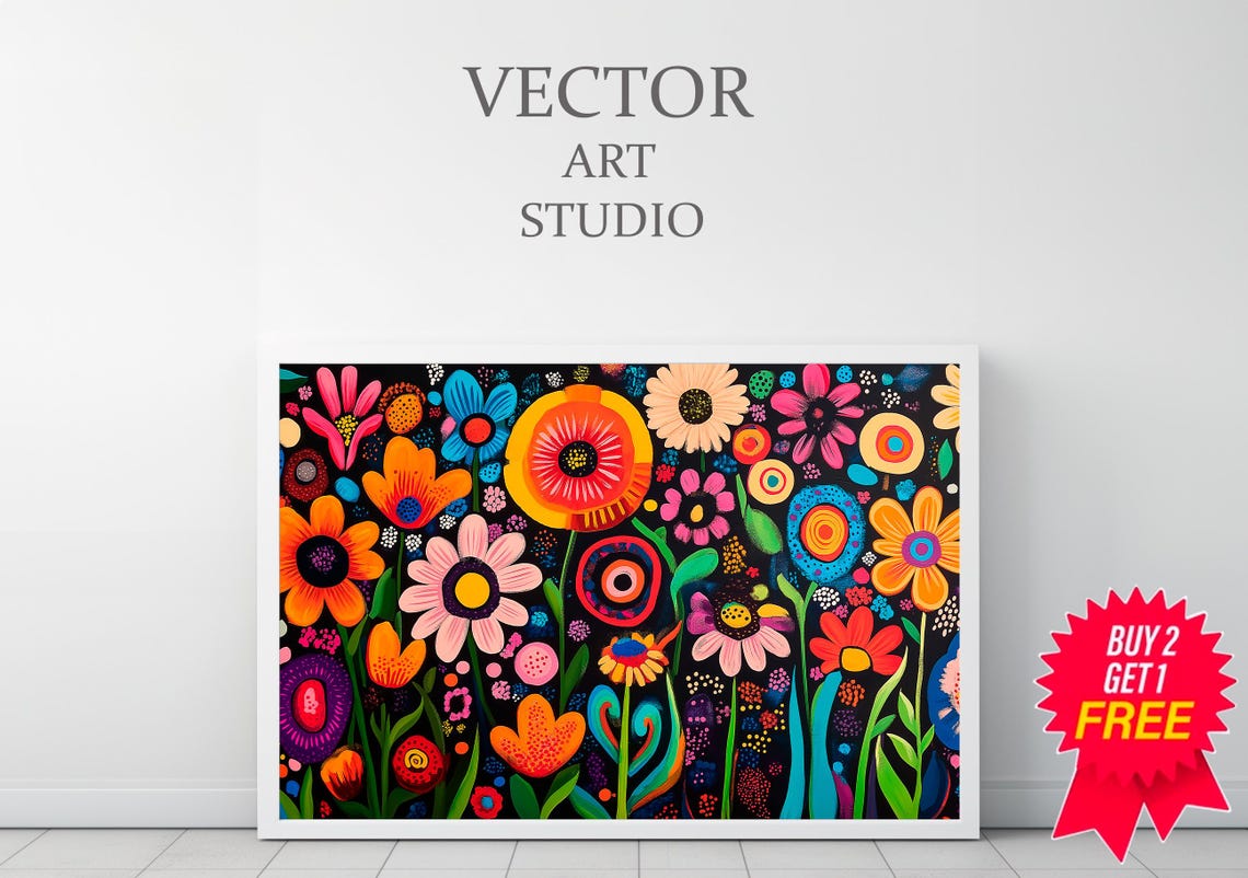 Vibrant Folk Art Flowers Bursting on a Black Background Poster - Image 3