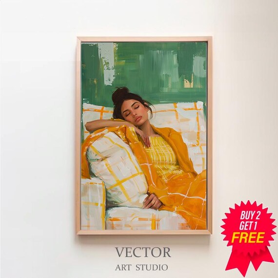 Painting of a Woman in Golden Yellow Lounging on a Checkered Couch Poster