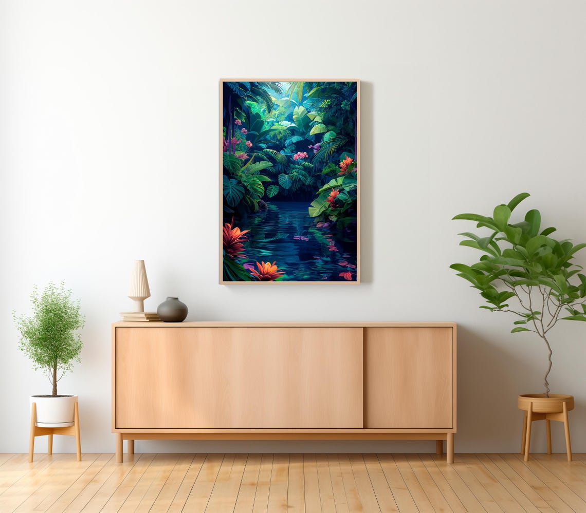 Vibrant Tropical Jungle Stream with Lush Leaves and Flowers Poster - Image 2