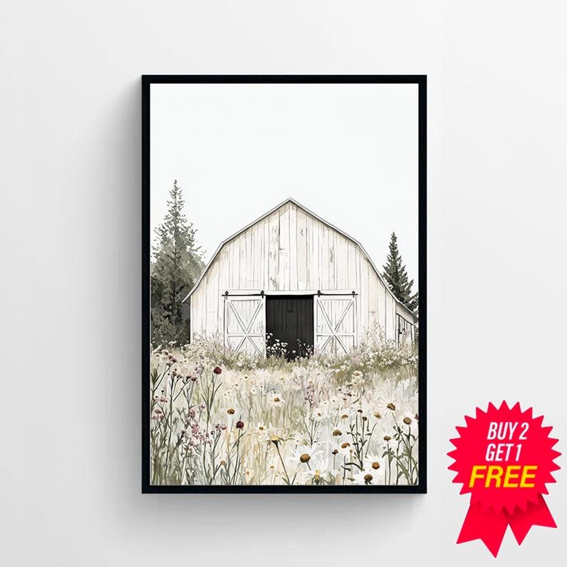 White Wooden Barn Surrounded by a Wildflower Meadow Farmhouse Poster - Image 4