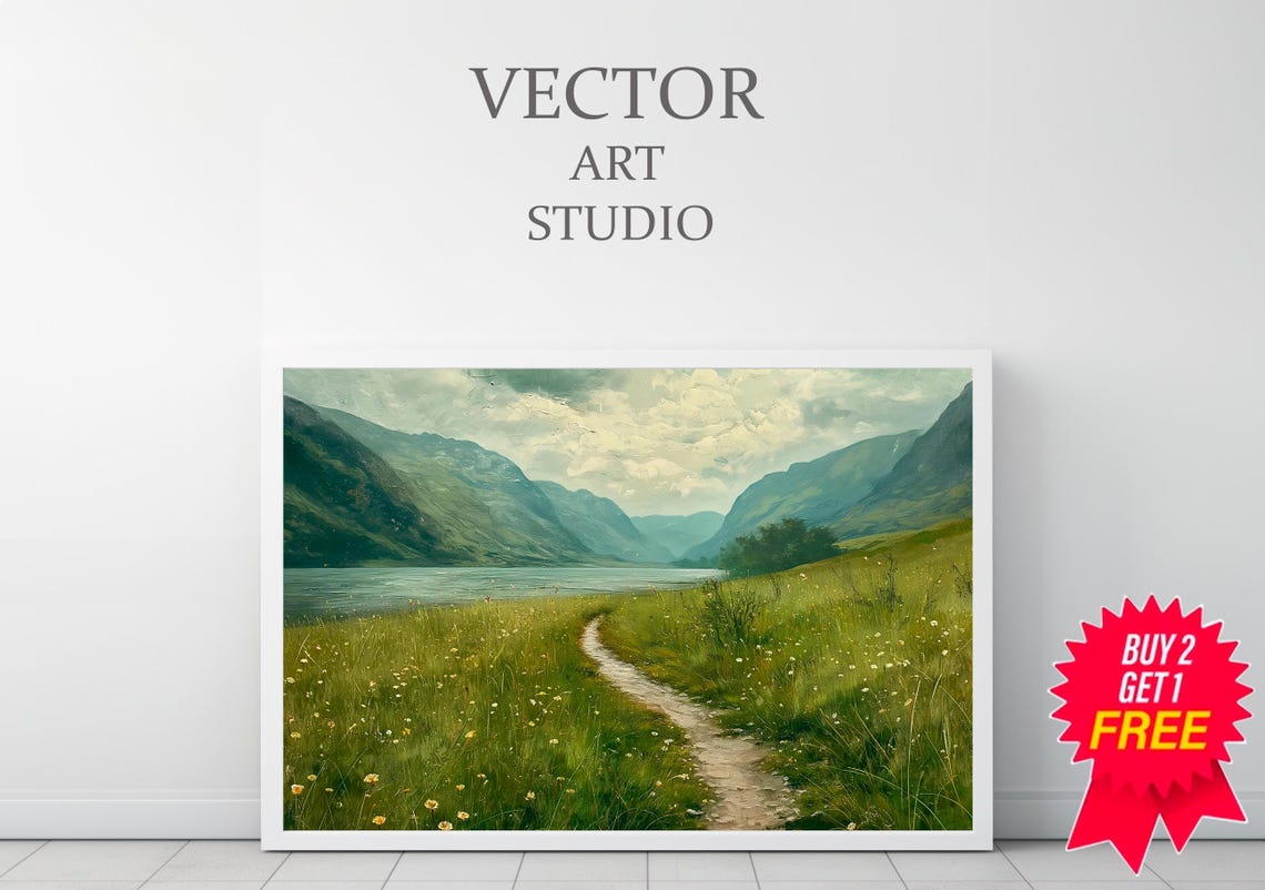 Rustic Country Field Artwork Perfect For Home Refresh Vintage Landscape Mountain Spring Meadow Painting - Image 3