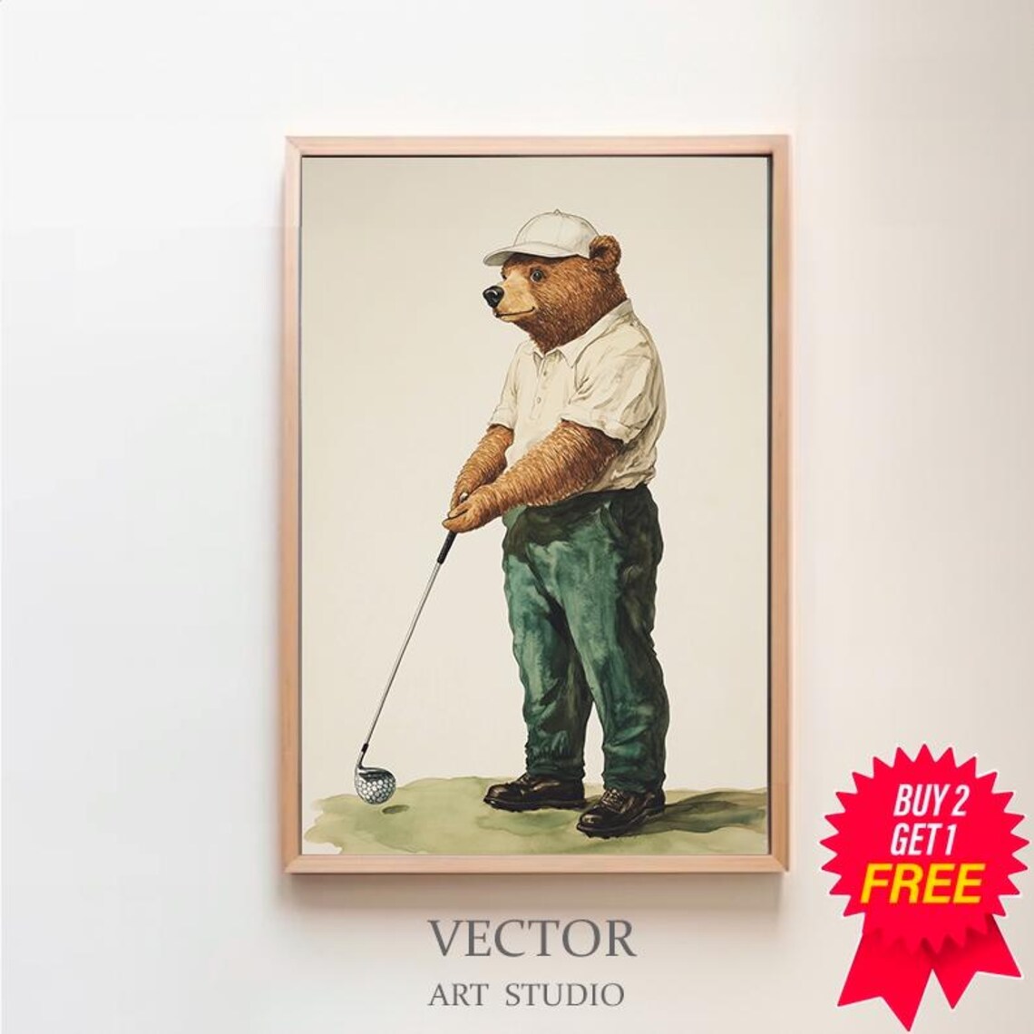 Bear Golfer in White Cap Watercolor Nursery Golf Theme Poster