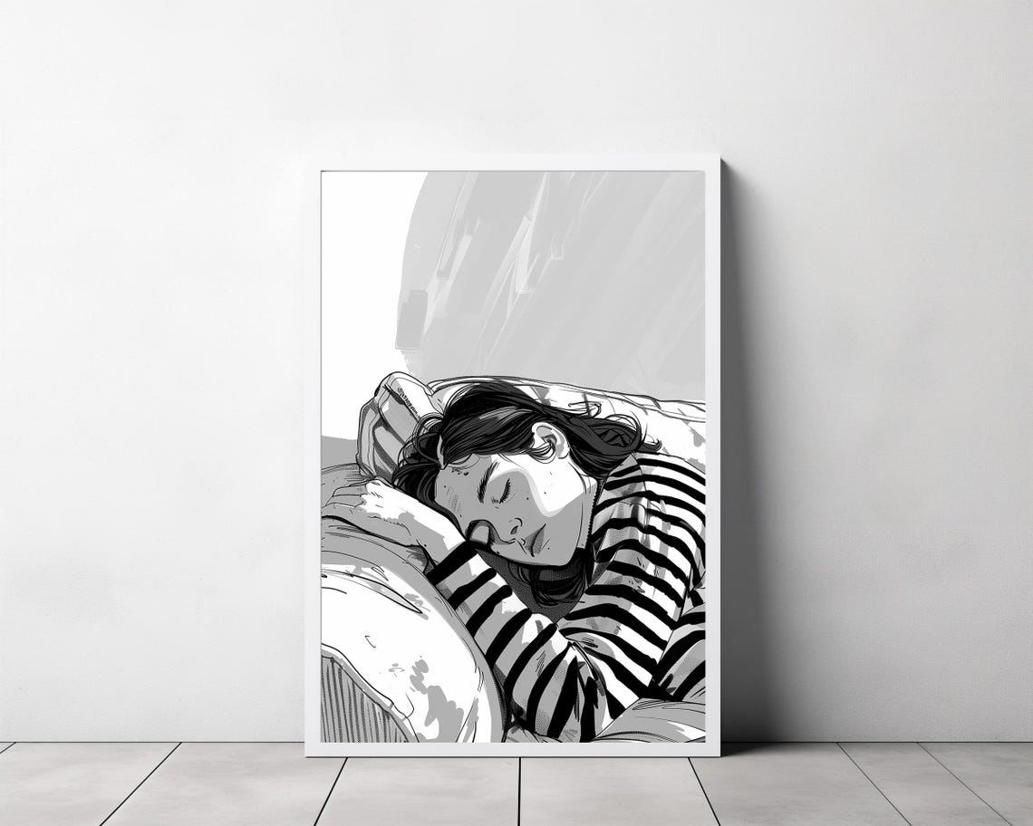 Black and White Sketch of a Sleeping Woman in Stripes Poster - Image 3