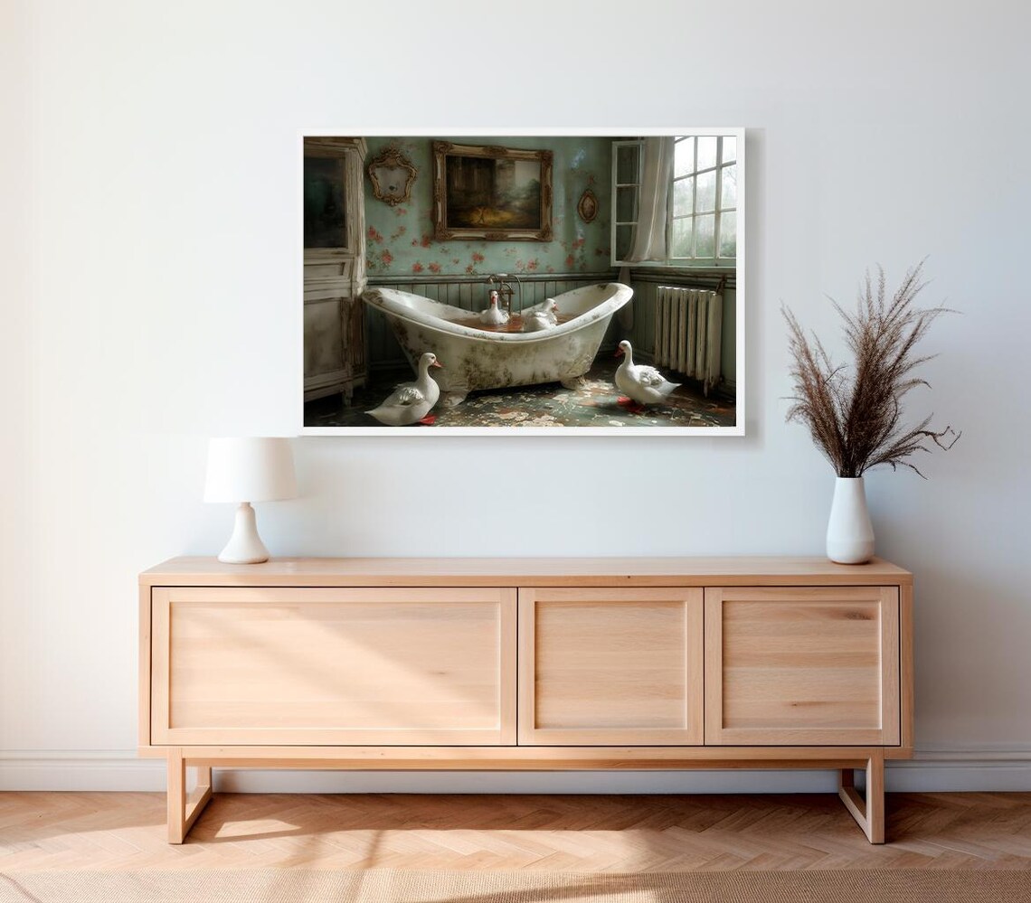 Geese In White Clawfoot Tub Rustic Bathroom Funny Decor Poster - Image 2
