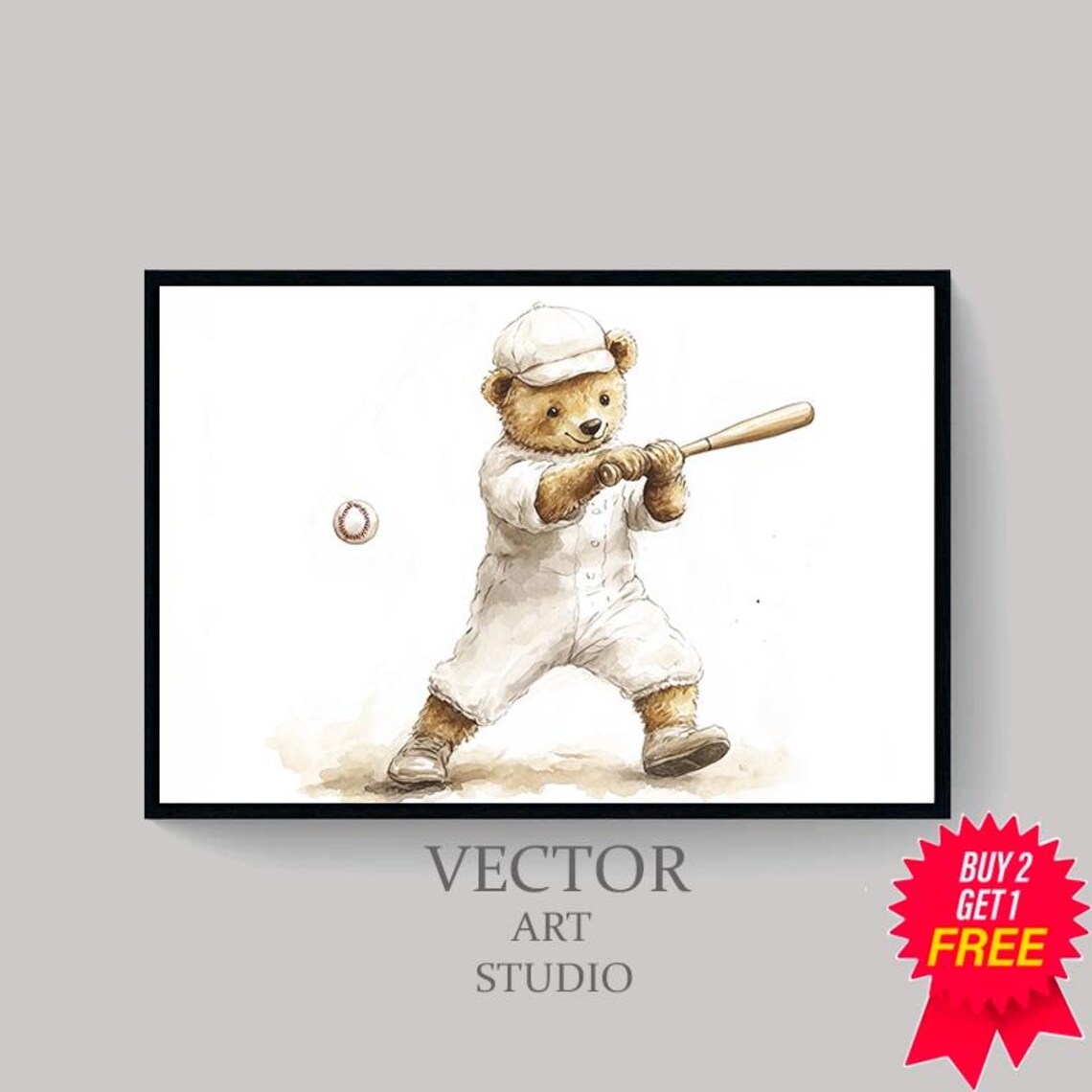 Teddy Bear Baseball Batter Swinging Bat Nursery Sports Poster - Image 4