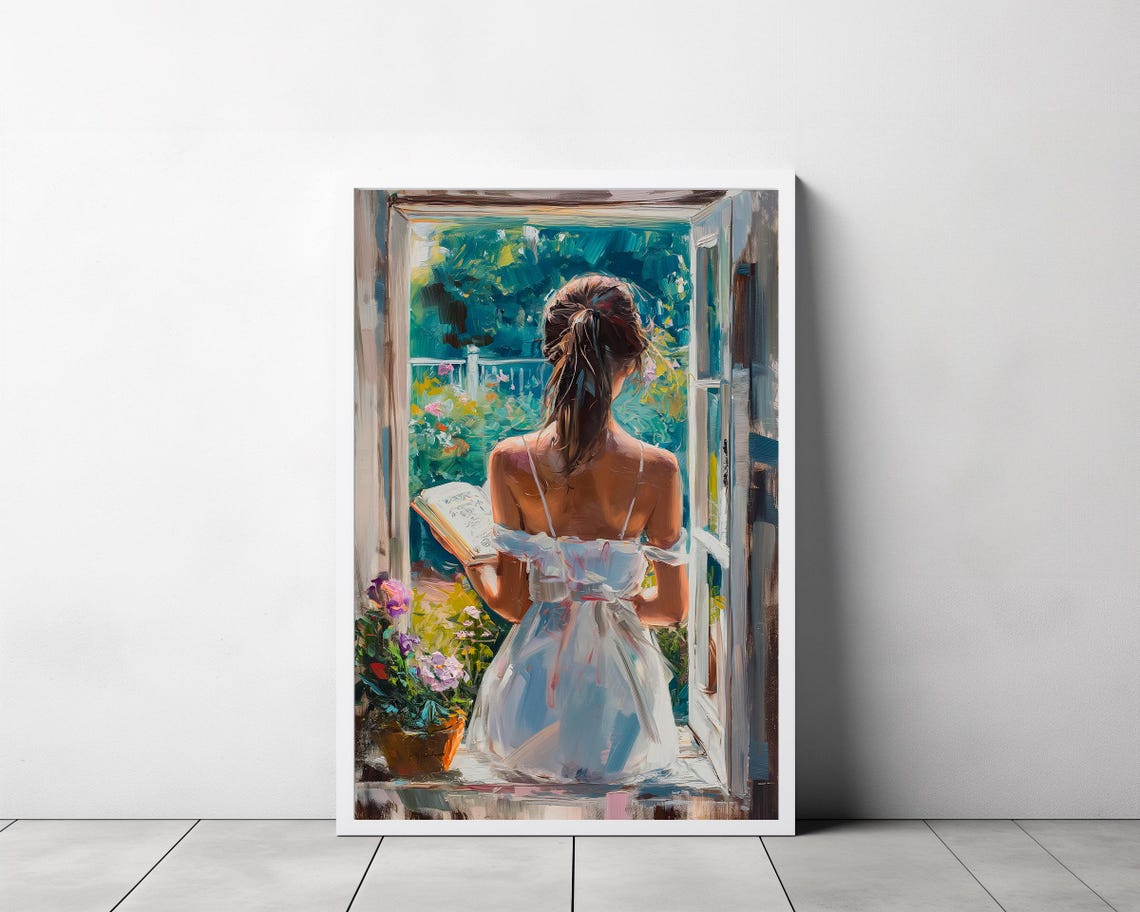 Woman Reading Book By Open Garden Window Impressionist Poster - Image 3