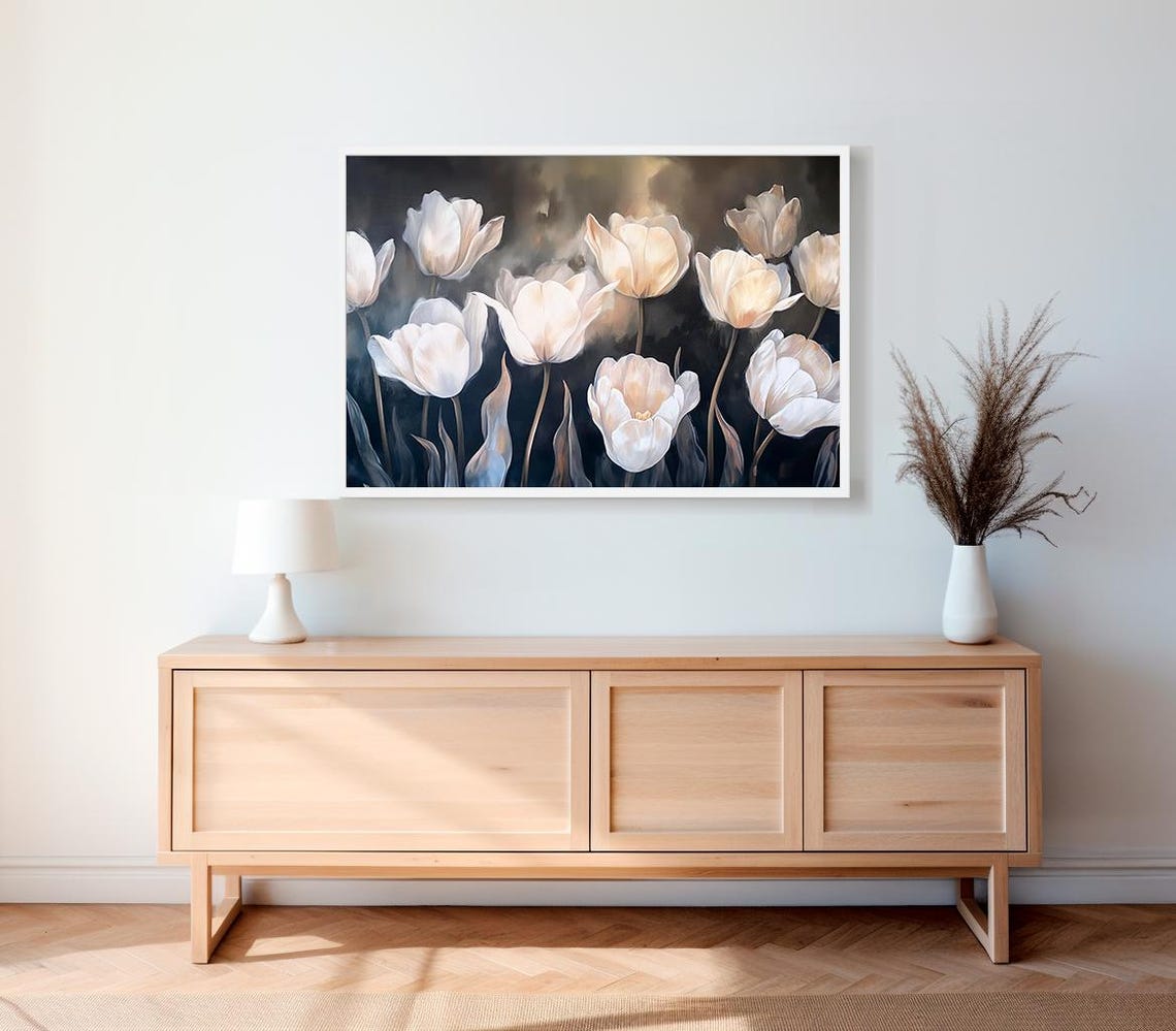 Luminous White Tulips Glowing Against Dark Smoky Background Poster - Image 2