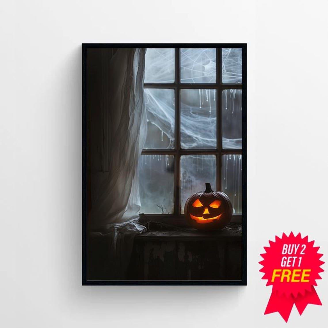 Jack O Lantern Glow on Cobweb Window Dark Moody Halloween Poster - Image 4