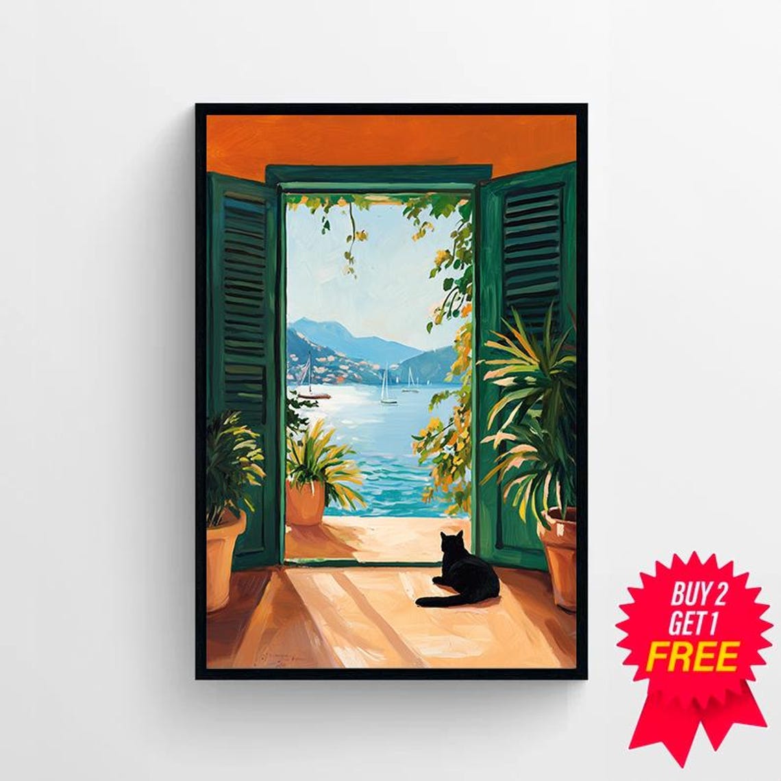 Black Cat Sitting by an Open Window Overlooking the Sea Poster - Image 4