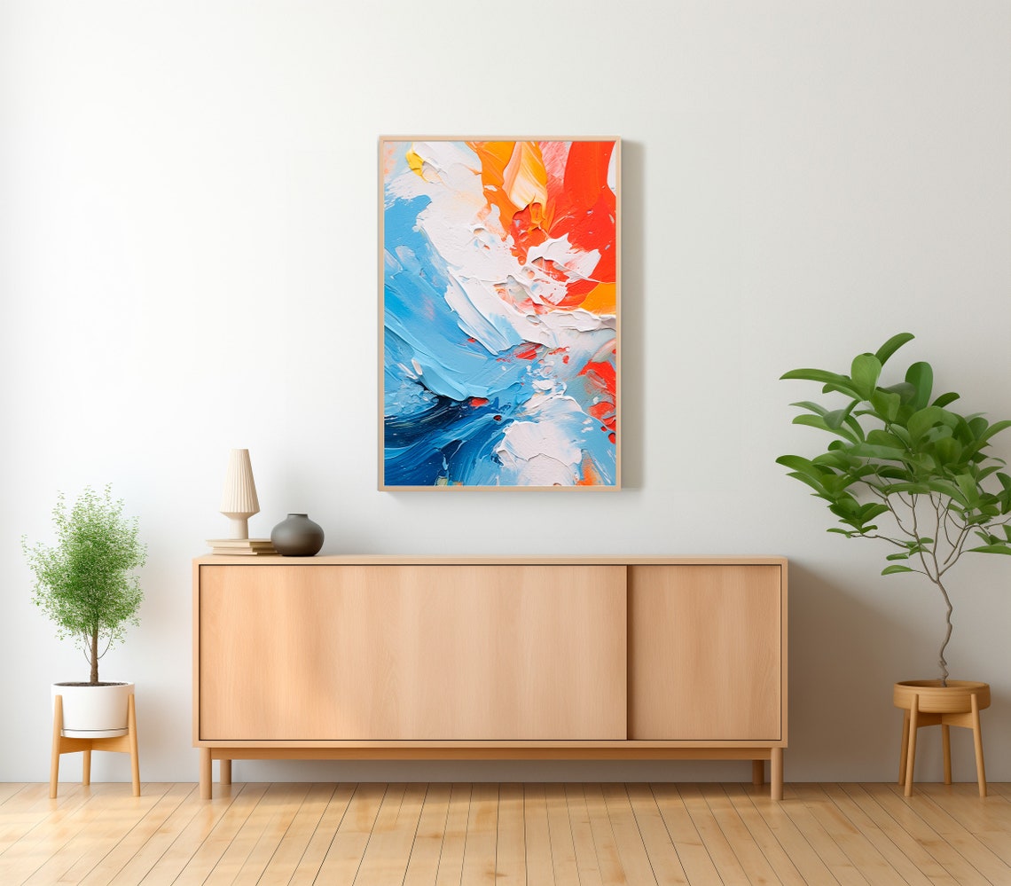 Ocean Blue and Fiery Orange Abstract Impasto Painting Poster - Image 2