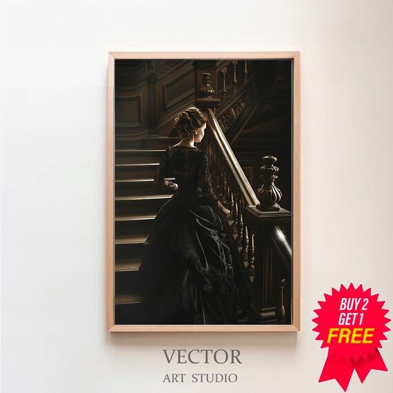 Victorian Lady In Black Gown Climbing Grand Staircase Dark Academia Poster