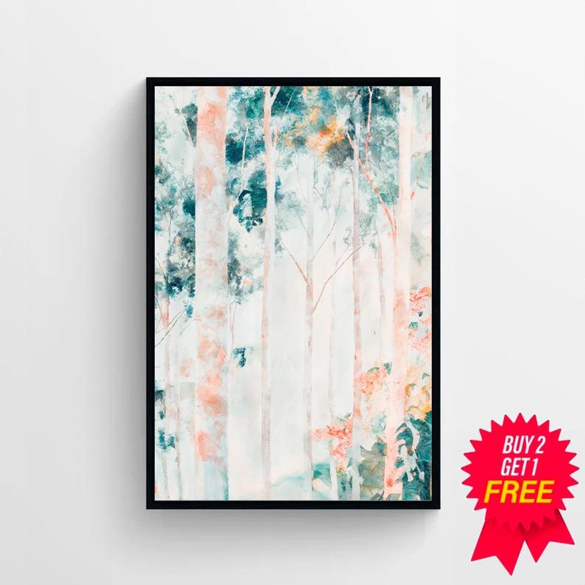 Teal and Coral Eucalyptus Forest Soft Watercolor Wall Poster - Image 4