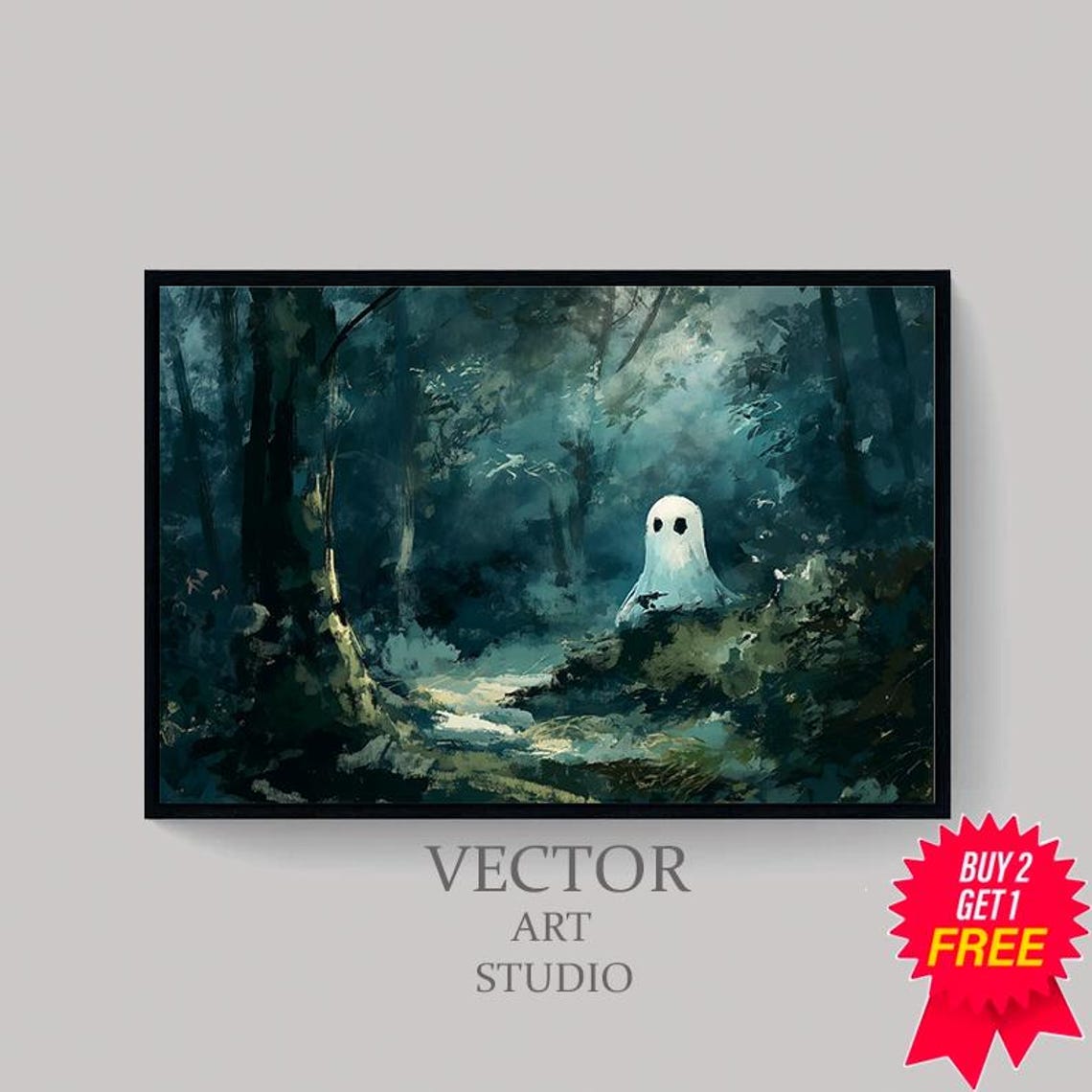 Small White Ghost Standing In A Dark Misty Forest Painting Poster - Image 4