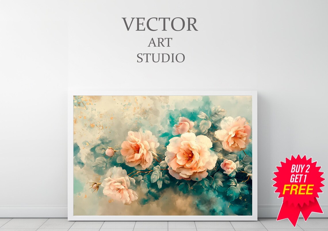 Blush Apricot Roses On Cream Teal Watercolor Floral Bloom Poster - Image 3