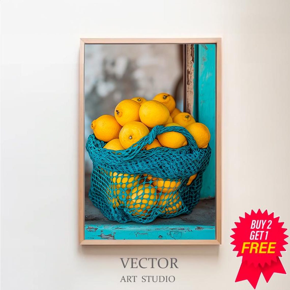 Lemons in a Teal Net Bag on a Turquoise Windowsill Kitchen Poster