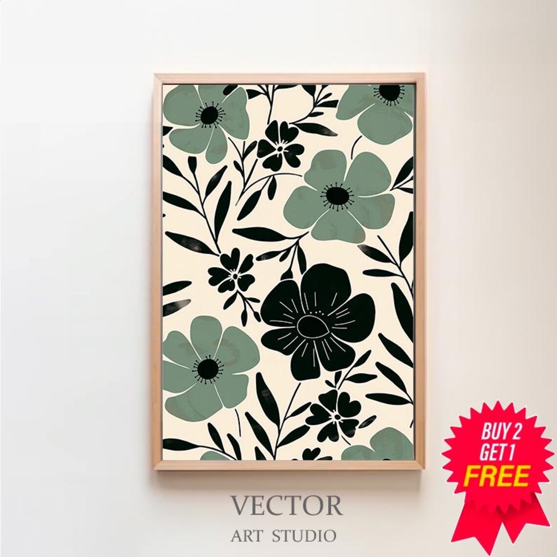 Sage Green and Black Anemone Flowers on Cream Botanical Pattern Print