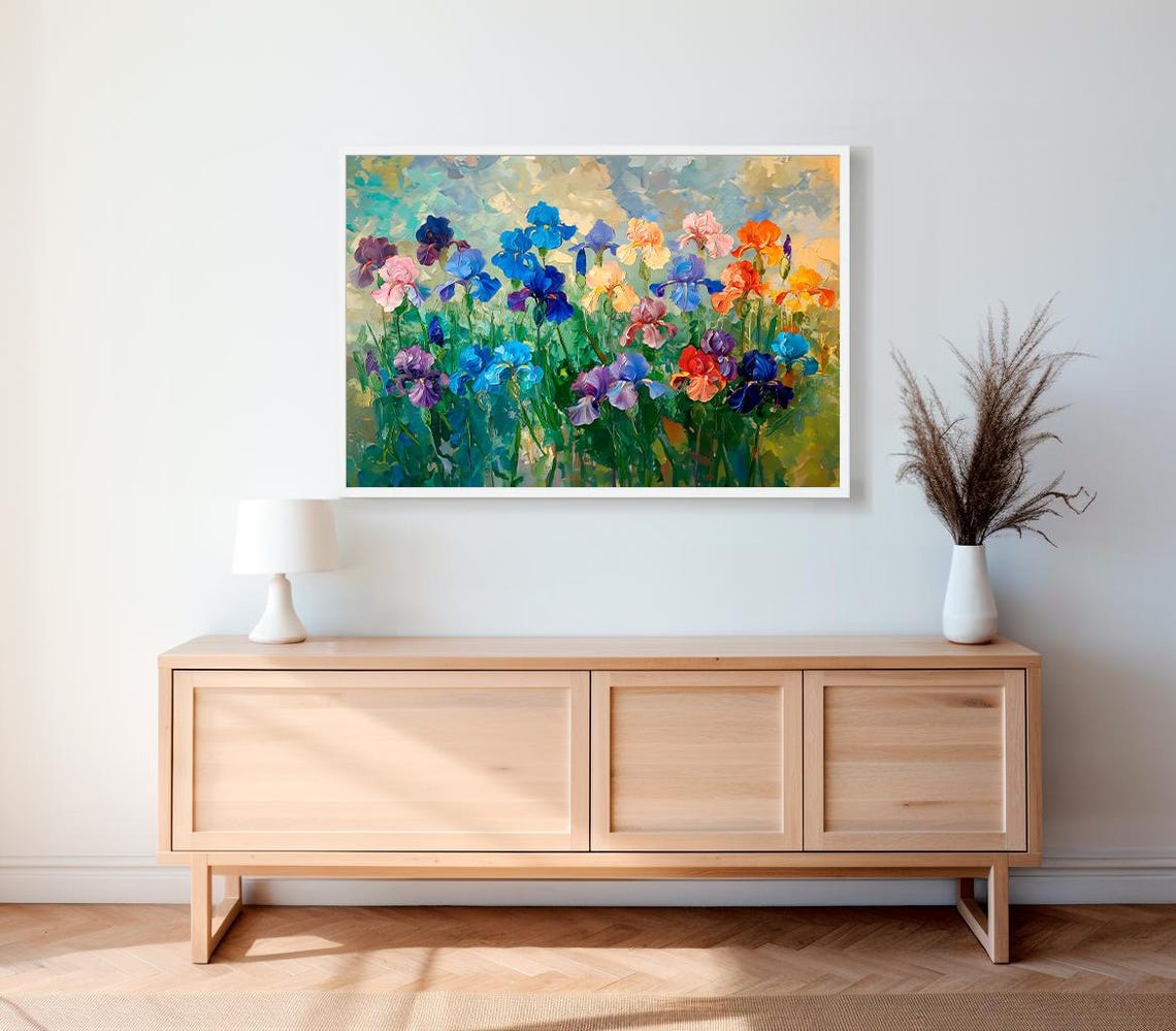 Rainbow Iris Field Under A Teal Sky Textured Impasto Art Poster - Image 2