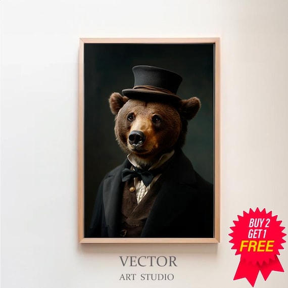 Dapper Brown Bear Portrait in Top Hat and Tuxedo Whimsical Animal Poster