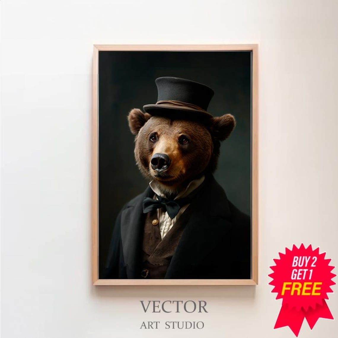 Dapper Brown Bear Portrait in Top Hat and Tuxedo Whimsical Animal Poster