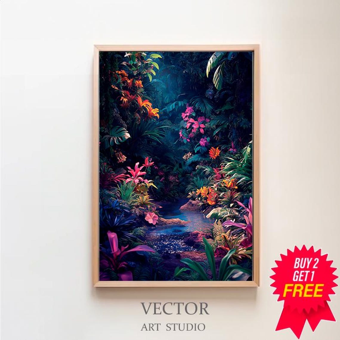 Dark Tropical Jungle Waterfall Stream with Exotic Flowers Poster