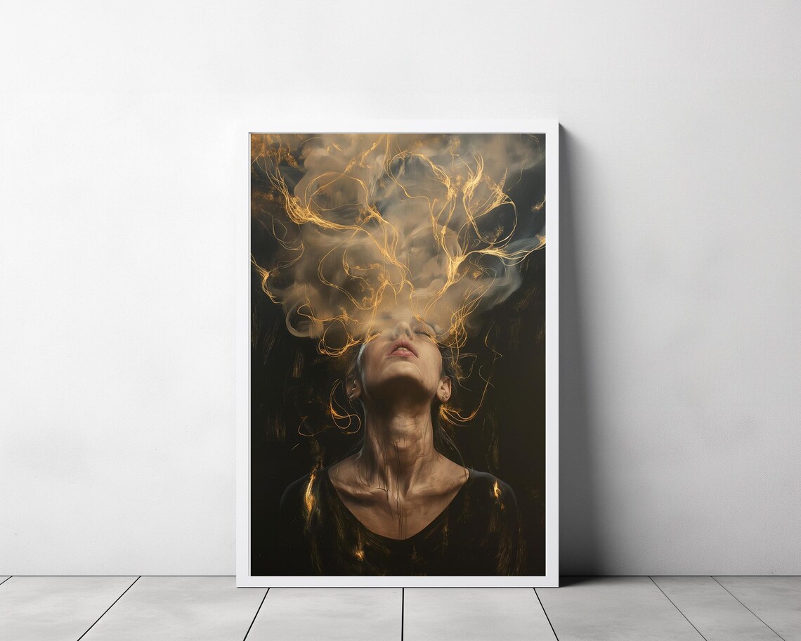 Woman with Golden Smoke Rising from Head Surreal Portrait Poster - Image 3