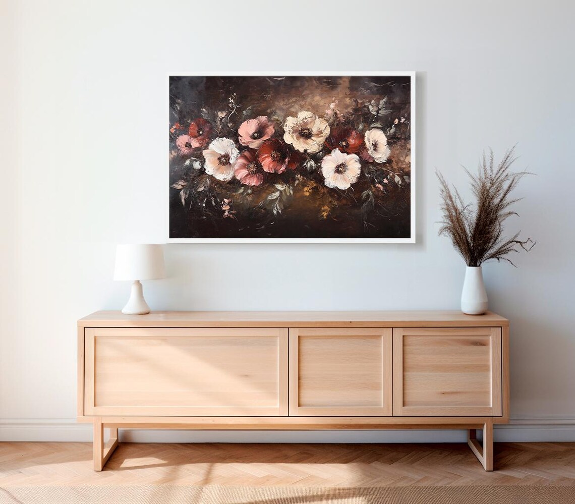 Moody Red And White Poppies Dark Floral Vintage Painting Poster - Image 2