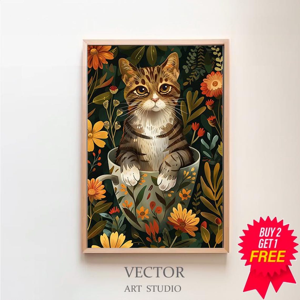 Cute Tabby Kitten Sitting Inside a Floral Teacup Jungle Poster