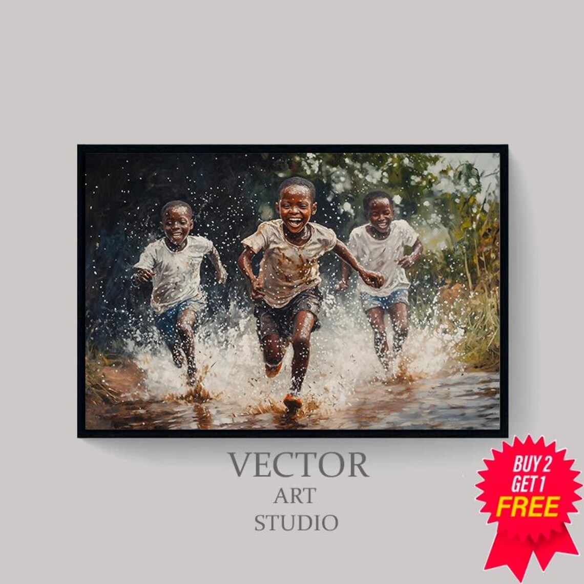 Three African Children Laughing and Splashing in Water Art Poster - Image 4