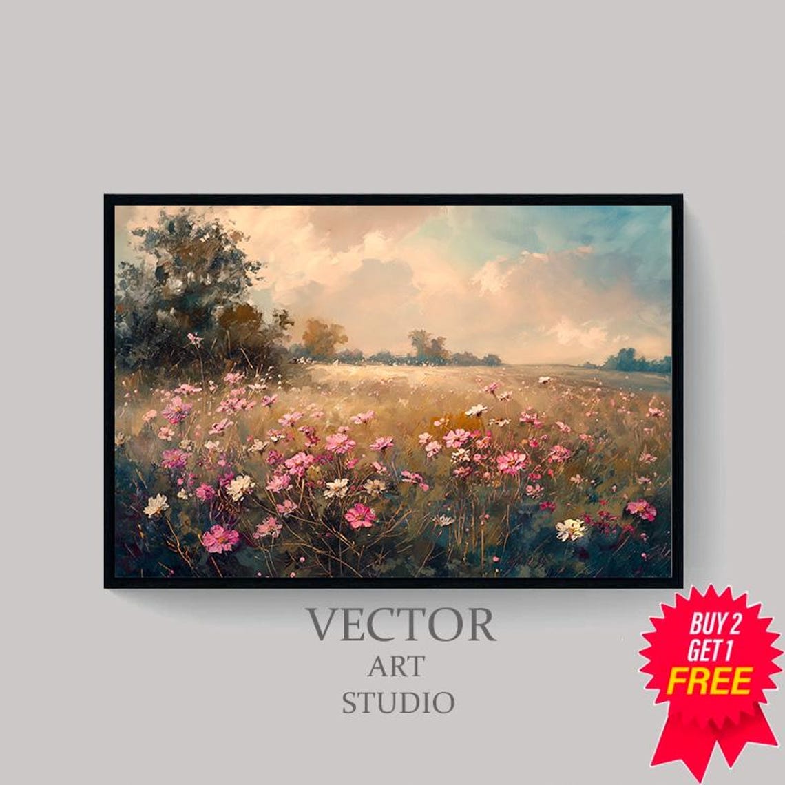 Pink Cosmos Wildflower Field at Sunset Vintage Summer Meadow Poster - Image 4