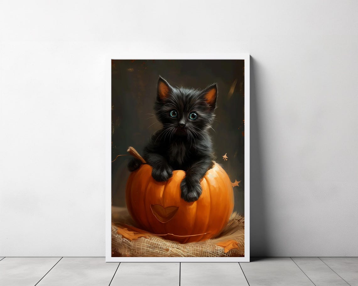 Black Kitten Sitting in Pumpkin with Heart Cutout Halloween Poster - Image 3