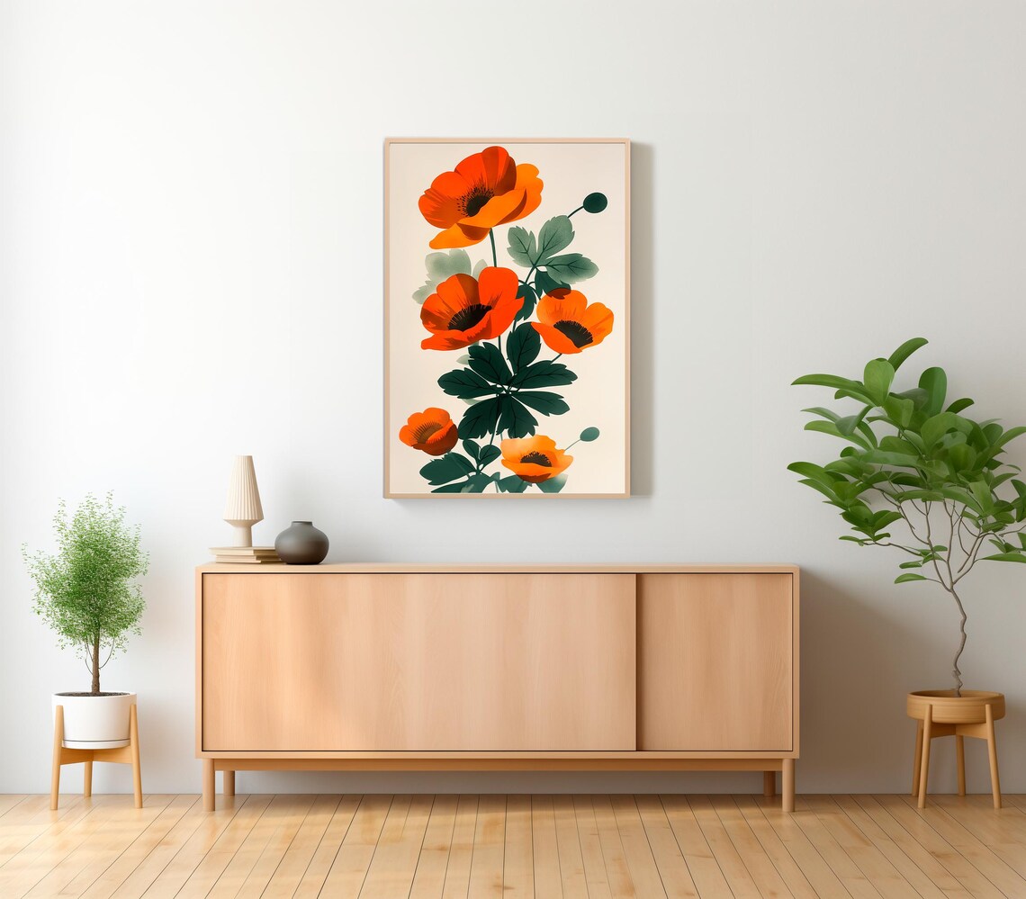 Vibrant Orange Poppy Flowers Vintage Botanical Illustration Poster - Image 2