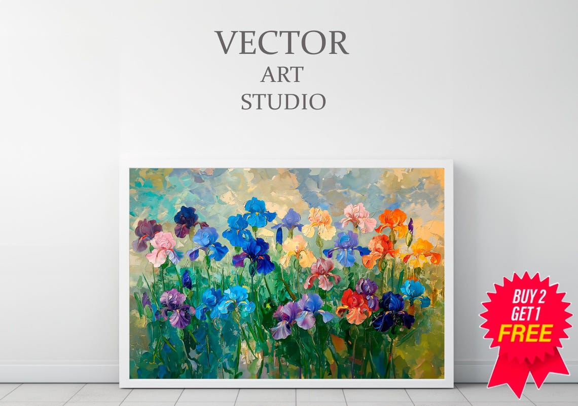 Rainbow Iris Field Under A Teal Sky Textured Impasto Art Poster - Image 3