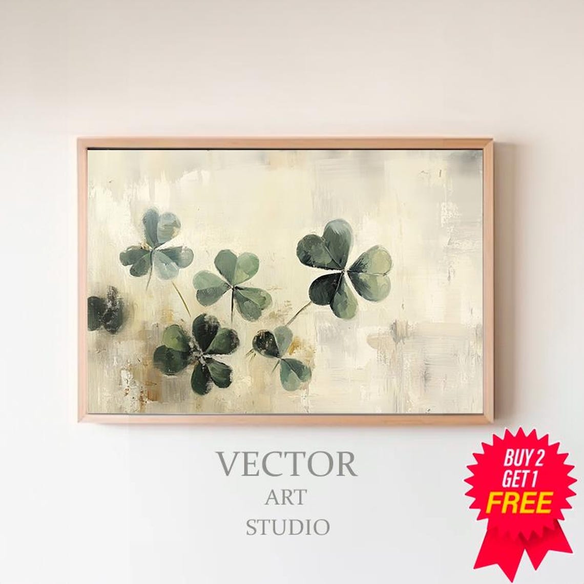 Rustic Dark Green Painted Shamrocks On Cream Background Poster