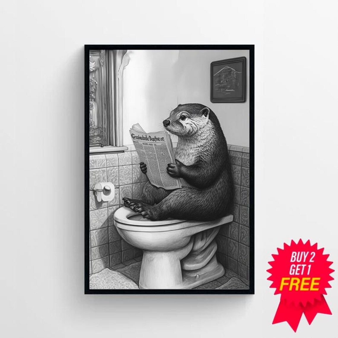 Funny Otter On Toilet Reading Newspaper Humor Bathroom Poster - Image 4